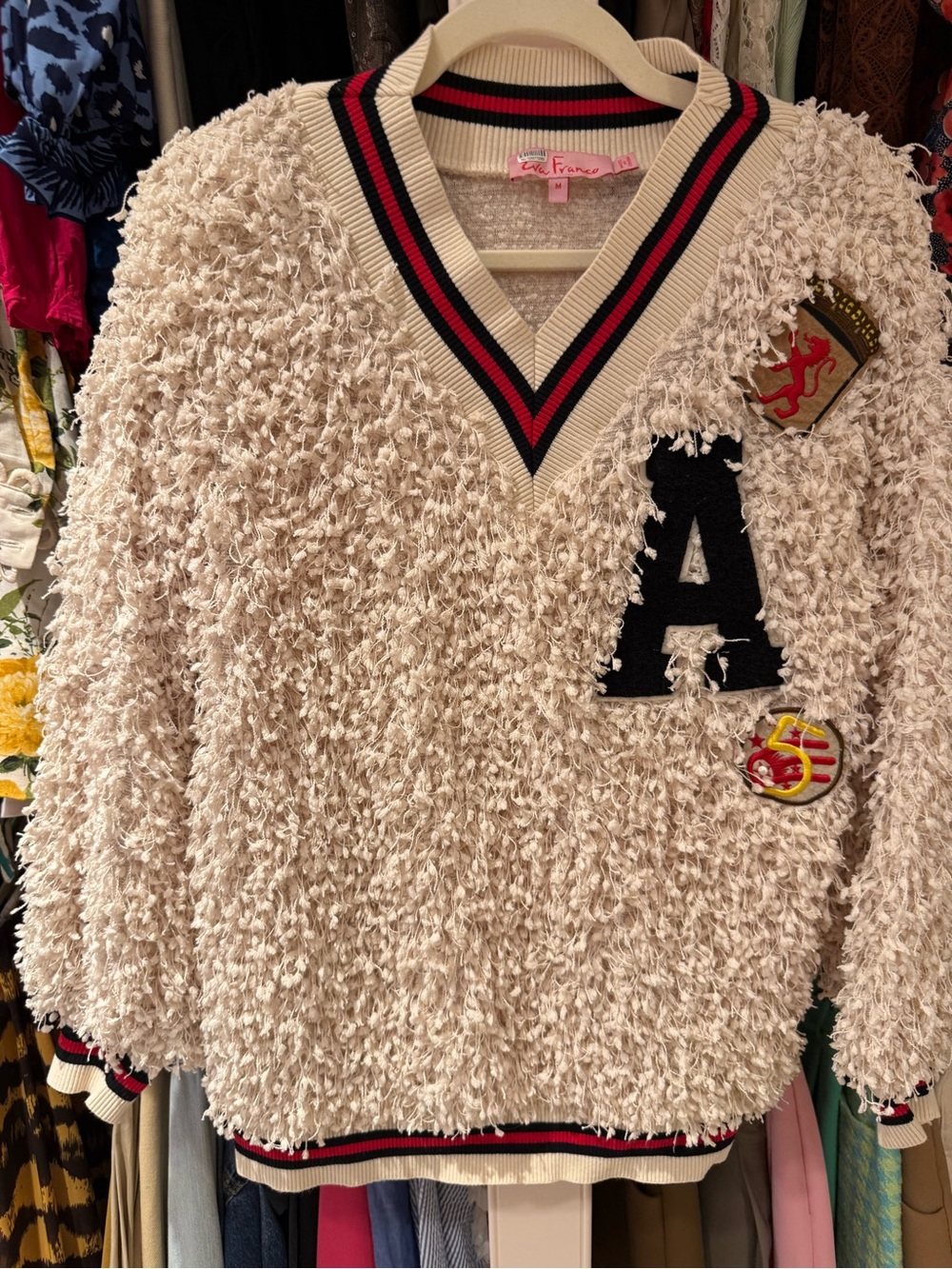 Adorable Anthropologie A Cream V-Neck Sweater with Letter Patch